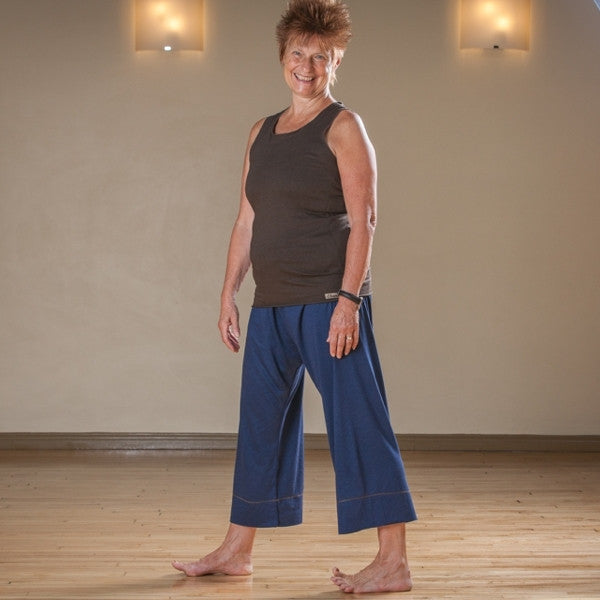 Bamboo Dream Pants: Loose-Fitting Yoga Pants for Women in Navy, Length 1<br>Pictured here: Monica Voss of <a href="http://www.estheryoga.com" target="_blank">Esther Myers Yoga Studio </a>in Toronto, Canada<br>Photography credit: Taralea Cutler of <a href="http://archive.eyecontact.ca/portfolio" target="_blank">Eye Contact Photography, Toronto </a>