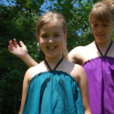 Light Weight Cotton Slips worn as a Halter Tops in Deep Jade and Grape<br>Photo Credit: Jocelyn Connor