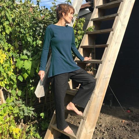 Black Hemp Town Pants with Patch Pockets - Slimmer Cut. <br>Stormy Teal Hemp Long Sleeved Thick Jersey Knit Shirts for Women in Small.
