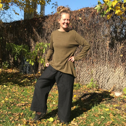 Black Hemp Town Pants - Regular Cut. <br> Dark Moss Hemp Long Sleeved Thick Jersey Knit Shirts for Women in XL.