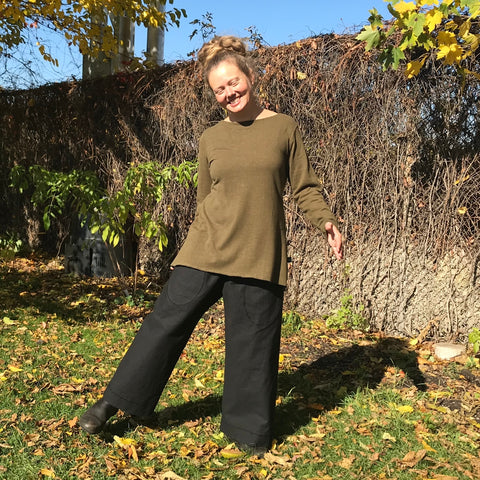 Black Hemp Town Pants with Patch Pockets - Regular Cut. <br>Dark Moss Hemp Long Sleeved Thick Jersey Knit Shirts for Women in XL.