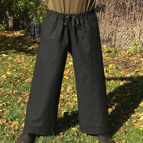 Black Hemp Town Pants with Patch Pockets - Regular Cut.<br> Please note the patch tear-drop shaped pockets, the gathering at the drawstring waistband and the two inch cuffs at the bottom of the pantlegs.