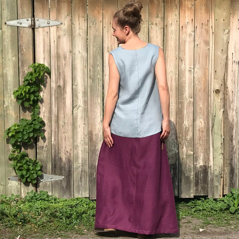 Model is 5'5.5" or 166cm | LONG SKIRT Colour/Size/Length: Deep Plum/Regular Cut/Longer | SLEEVELESS TUNIC Colour/Size/Length: Antique Blue/Small/Shorter