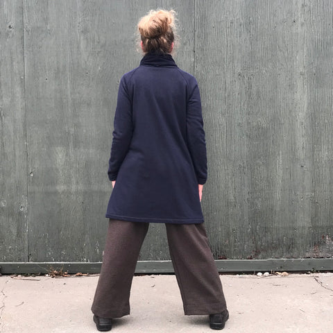 Sherpa Fleece Turtleneck Sweater Dresses for Women in Navy. Model is 5'5.5" or 166cm tall.