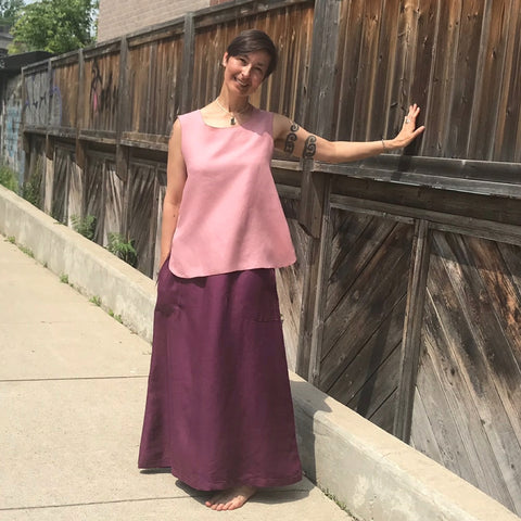 SLEEVELESS TUNIC Colour/Size/Length: Dusty Rose/Medium/Shorter | LONG SKIRT Colour/Size/Length: Deep Plum/Regular Cut/Longer | Model is 5'5.5" or 166cm