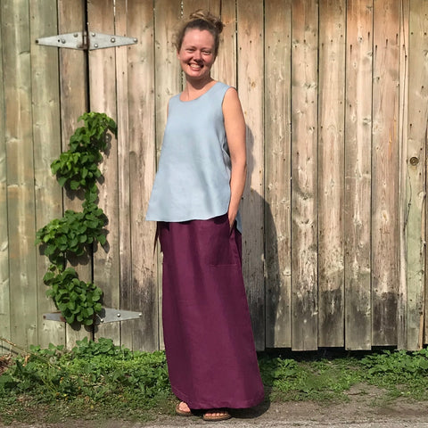 Model is 5'5.5" or 166cm | LONG SKIRT Colour/Size/Length: Deep Plum/Regular Cut/Longer | SLEEVELESS TUNIC Colour/Size/Length: Antique Blue/Small/Shorter