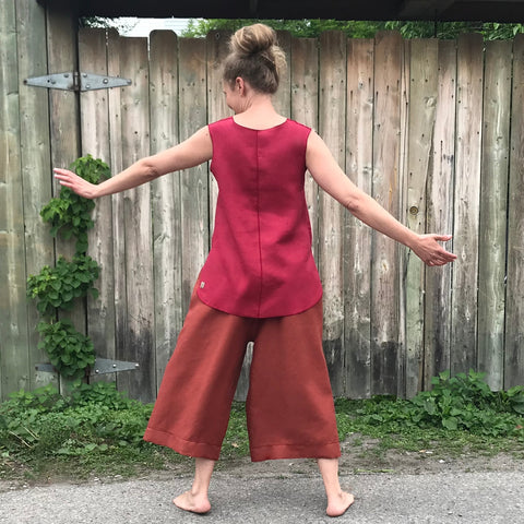 Linen Culottes Regular Cut: Burnt Orange | Sleeveless Linen Tunic: Dark Cranberry, Small, Shorter Length. Model is 5'5.5" or 166cm Linen Culottes Regular Cut: Burnt Orange | Sleeveless Linen Tunic: Dark Cranberry, Small, Shorter Length. Model is 5'5.5" or 166cm