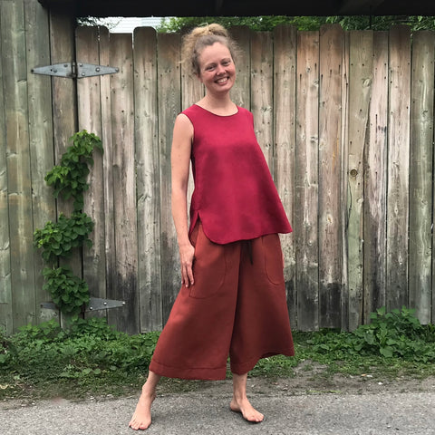 Linen Culottes Regular Cut: Burnt Orange | Sleeveless Linen Tunic: Dark Cranberry, Small, Shorter Length. Model is 5'5.5" or 166cm Linen Culottes Regular Cut: Burnt Orange | Sleeveless Linen Tunic: Dark Cranberry, Small, Shorter Length. Model is 5'5.5" or 166cm