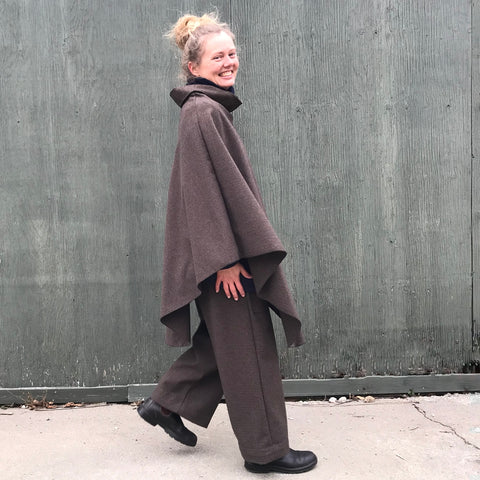 Woolen Cape - Houndstooth | Regular-Cut Woolen TROUSERS - Length 1 | Navy Sherpa Fleece Turtleneck Sweater Dress | Model is 5'5.5" or 166cm Woolen Cape - Houndstooth | Regular-Cut Woolen TROUSERS - Length 1 | Navy Sherpa Fleece Turtleneck Sweater Dress | Model is 5'5.5" or 166cm