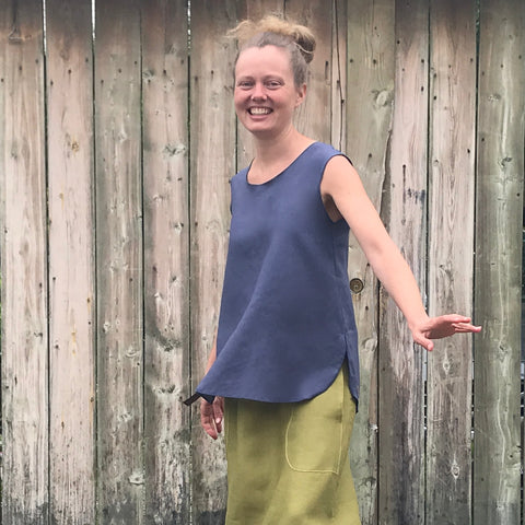 SLEEVELESS TUNIC Colour/Size/Length: Steel Blue/Small/Shorter | Linen Long Skirt in Shanti Green | Model is 5'5.5" or 166cm