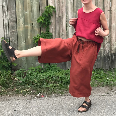 Linen Culottes Regular Cut: Burnt Orange | Sleeveless Linen Tunic: Dark Cranberry, Small, Shorter Length. Model is 5'5.5" or 166cm Linen Culottes Regular Cut: Burnt Orange | Sleeveless Linen Tunic: Dark Cranberry, Small, Shorter Length. Model is 5'5.5" or 166cm
