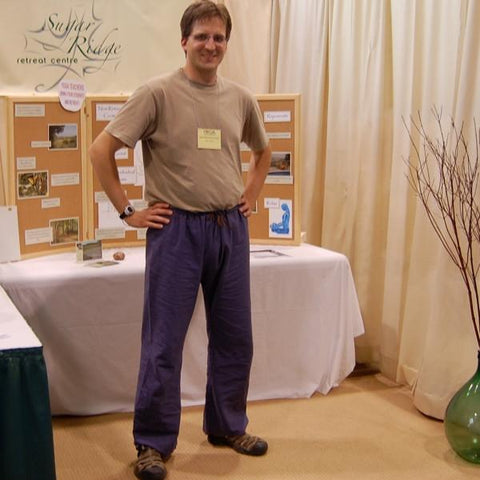 Hemp Dream Pants: Loose-Fitting Yoga Pants for Men in Indigo (colour is out of stock, returning in 2020)<br>Pictured here: Kurt Frost of <a href="http://www.sugarridge.ca" target="_blank">Sugar Ridge Retreat Centre </a>Wyebridge, Ontario  Hemp Dream Pants: Loose-Fitting Yoga Pants for Men in Indigo (colour is out of stock, returning in 2020)<br>Pictured here: Kurt Frost of <a href="http://www.sugarridge.ca" target="_blank">Sugar Ridge Retreat Centre </a>Wyebridge, Ontario