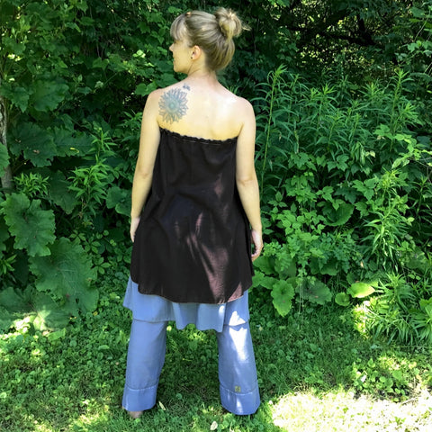 Light Weight Cotton Slip worn as a Halter Top in Darkest Espresso<br>Model Wears the slip as a halter top with the elastic tucked in at the side instead of around her neck. Slip and Original Dream Pants in Steel Blue.<br>Photo Credit: Jocelyn Connor