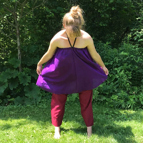 Light Weight Cotton Slip worn as a Halter Top in Grape, Maroon Original Dream Pants<br>Photo Credit: Jocelyn Connor