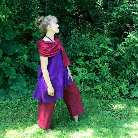 Light Weight Cotton Slip worn as a Halter Top in Grape, Maroon Original Dream Pants, Maroon Devinity Scarf<br>Photo Credit: Jocelyn Connor