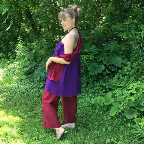 Light Weight Cotton Slip worn as a Halter Top in Grape, Maroon Original Dream Pants, Maroon Devinity Scarf<br>Photo Credit: Jocelyn Connor