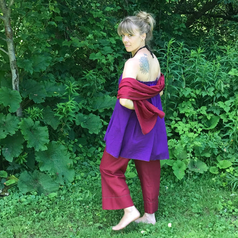 Light Weight Cotton Slip worn as a Halter Top in Grape, Maroon Original Dream Pants, Maroon Devinity Scarf<br>Photo Credit: Jocelyn Connor