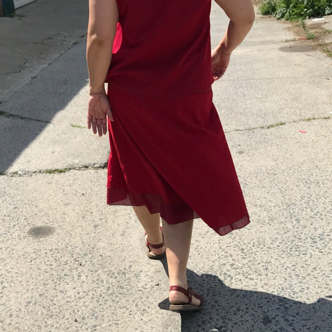 2 Light Weight Cotton Slips layered together as a skirt - shorter length in Deepest Red and longer length in Maroon, Reversible Sleeveless Top in Deepest Red