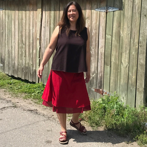 2 Light Weight Cotton Slips layered together as a skirt - shorter length in Deepest Red and longer length in Maroon, Reversible Sleeveless Top in Darkest Espresso with Amethyst on the inside