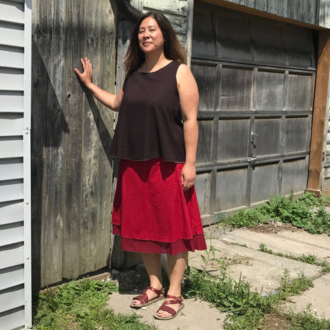 2 Light Weight Cotton Slips layered together as a skirt - shorter length in Deepest Red and longer length in Maroon, Reversible Sleeveless Top in Darkest Espresso with Amethyst on the inside