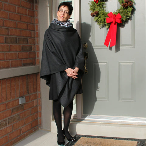Charcoal Wool Cape<br>Pictured here is Lydia Pollock, long-time DLD customer and yoga instructor who kindly sent us this picture last Christmas.<br><a href="http://lydiayoga.com/index.html" target="_blank">Lydia Yoga</a>