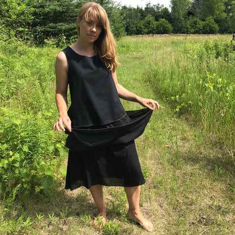 2 Light Weight Cotton Slips in Black - shorter length and longer length layered together as a skirt, Reversible Sleeveless Tops in Black and Deep Jade on the other side