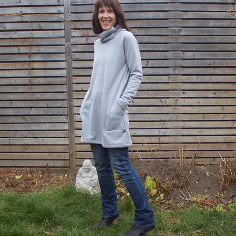 Sherpa Fleece Turtleneck Sweater Dresses for Women in Pale Ash. Model is 5'8" or 173cm tall.