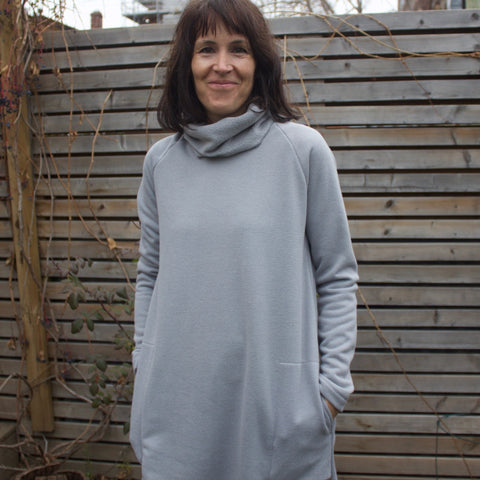 Sherpa Fleece Turtleneck Sweater Dresses for Women in Pale Ash. Model is 5'8" or 173cm tall.