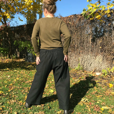 Black Hemp Town Pants - Regular Cut.<br>Please note the gathered elastic at the top of backrise for ease of use. <br> Dark Moss Hemp Long Sleeved Thick Jersey Knit Shirts for Women in XL.