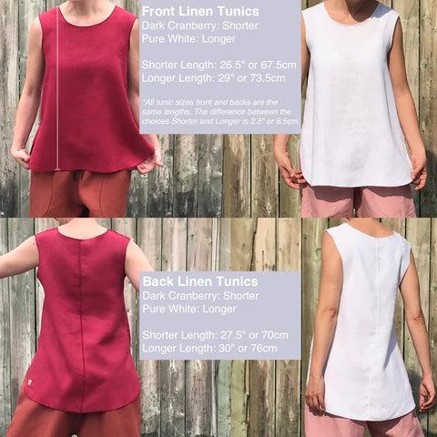 Model is 5'5.5" or 166cm  *All tunic sizes front and backs are the  same lengths. The difference between the  choices Shorter and Longer is 2.5" or 6.5cm.