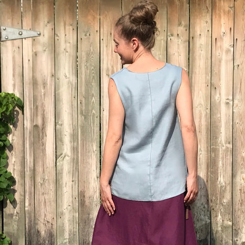 SLEEVELESS TUNIC Colour/Size/Length: Antique Blue/Small/Shorter | Linen Long Skirt in Deep Plum | Model is 5'5.5" or 166cm
