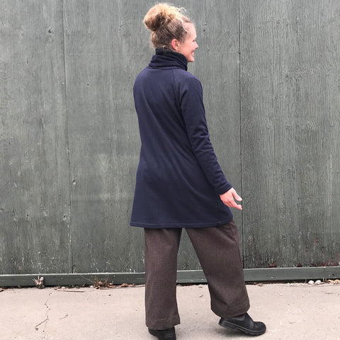 Sherpa Fleece Turtleneck Sweater Dresses for Women in Navy. Model is 5'5.5" or 166cm tall.