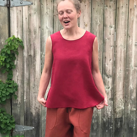 Sleeveless Linen Tunic: Dark Cranberry, Small, Shorter Length | Linen Culottes Regular Cut: Burnt Orange |  Model is 5'5.5" or 166cm