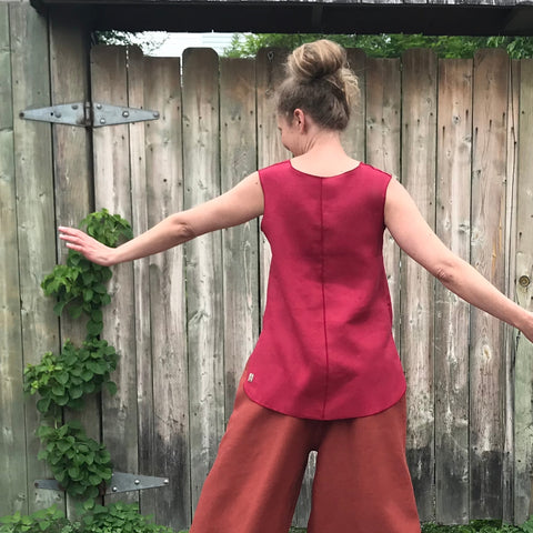 Sleeveless Linen Tunic: Dark Cranberry, Small, Shorter Length | Linen Culottes Regular Cut: Burnt Orange |  Model is 5'5.5" or 166cm