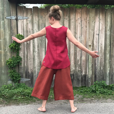 Linen Culottes Regular Cut: Burnt Orange | Sleeveless Linen Tunic: Dark Cranberry, Small, Shorter Length. Model is 5'5.5" or 166cm