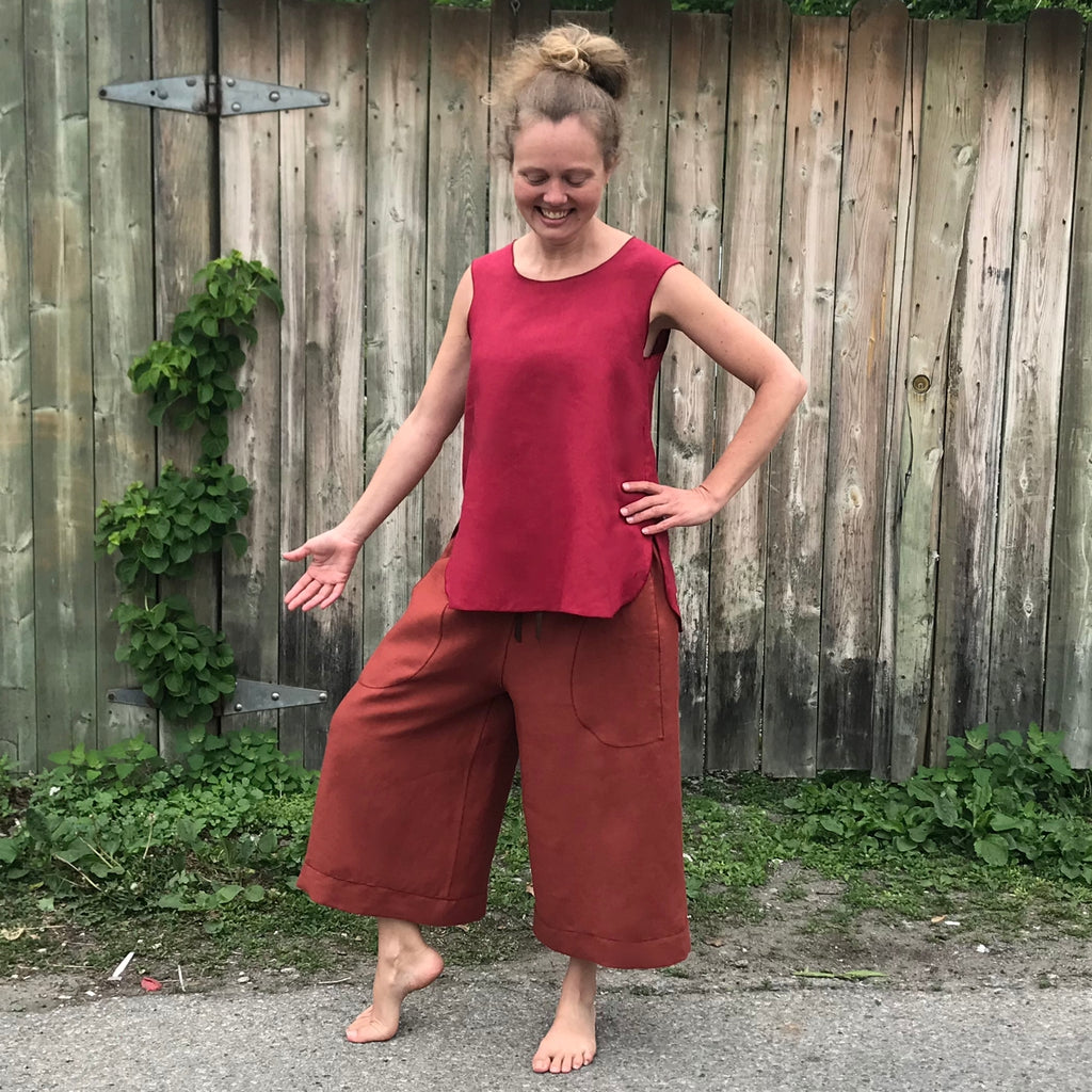 Linen Culottes Regular Cut: Burnt Orange | Sleeveless Linen Tunic: Dark Cranberry, Small, Shorter Length. Model is 5'5.5" or 166cm wearing the culottes very low on her hips.