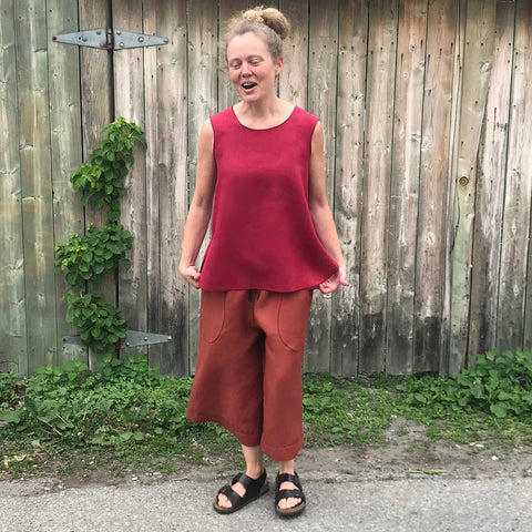 Sleeveless Linen Tunic: Dark Cranberry, Small, Shorter Length | Linen Culottes Regular Cut: Burnt Orange |  Model is 5'5.5" or 166cm