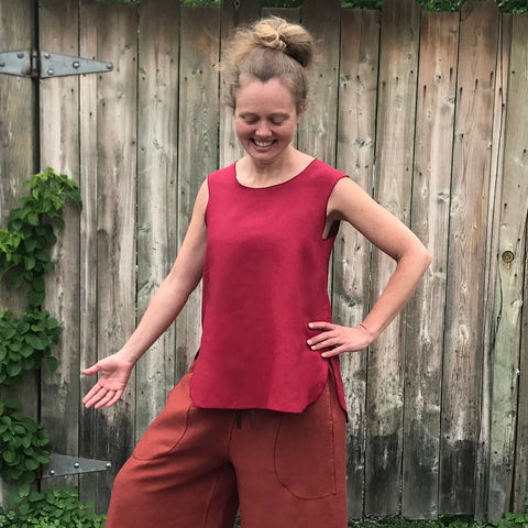 Sleeveless Linen Tunic: Dark Cranberry, Small, Shorter Length | Linen Culottes Regular Cut: Burnt Orange |  Model is 5'5.5" or 166cm