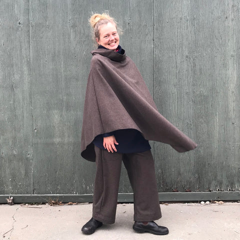 Woolen Cape - Houndstooth | Regular-Cut Woolen TROUSERS - Length 1 | Navy Sherpa Fleece Turtleneck Sweater Dress | Model is 5'5.5" or 166cm