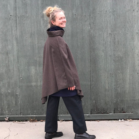 Woolen Cape - Houndstooth | Slim-Cut Woolen TROUSERS - Length 1 | Navy Sherpa Fleece Turtleneck Sweater Dress | Model is 5'5.5" or 166cm