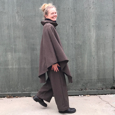 Woolen Cape - Houndstooth | Regular-Cut Woolen TROUSERS - Length 1 | Navy Sherpa Fleece Turtleneck Sweater Dress | Model is 5'5.5" or 166cm