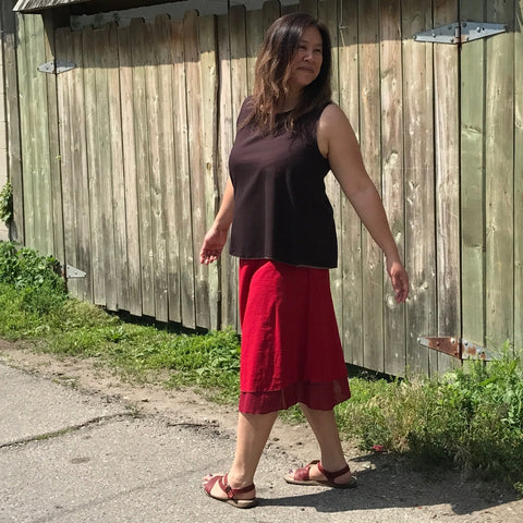 2 Light Weight Cotton Slips layered together as a skirt - shorter length in Deepest Red and longer length in Maroon, Reversible Sleeveless Top in Darkest Espresso with Amethyst on the inside