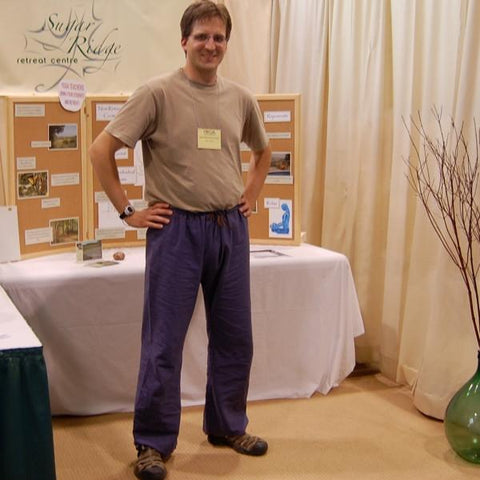 Hemp Dream Pants: Loose-Fitting Yoga Pants for Men in Indigo (colour is out of stock, returning in 2020)<br>Pictured here: Kurt Frost of <a href="http://www.sugarridge.ca" target="_blank">Sugar Ridge Retreat Centre </a>Wyebridge, Ontario 
