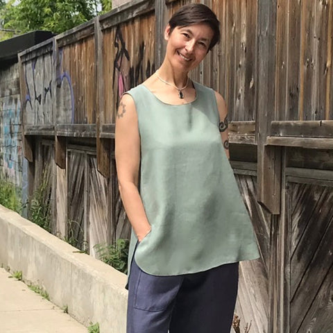 Model is 5'5.5" or 166cm | SLEEVELESS TUNIC Colour/Size/Length: Sage/Medium/Longer | Linen TOWN Pants in Steel Blue 