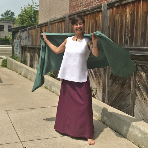 SLEEVELESS TUNIC Colour/Size/Length: Pure White/Medium/Shorter | Linen Long SKIRT in Deep Plum Regular Cut | Linen SHAWL in Tarnished Copper | Model is 5'5.5" or 166cm