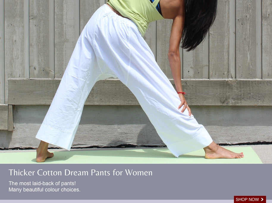 loose-fitting, modest yoga pants for women. 100% cotton in white, and many beautiful colours